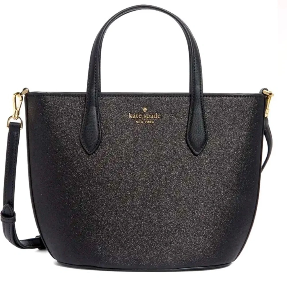 Kate Spade NWT Black Leather Shimmer Removable Crossbody Strap Satchel Tote Bag